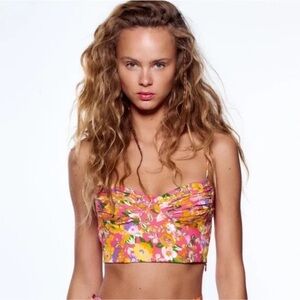 Zara Floral Print Cropped Top Wire Smocked Small